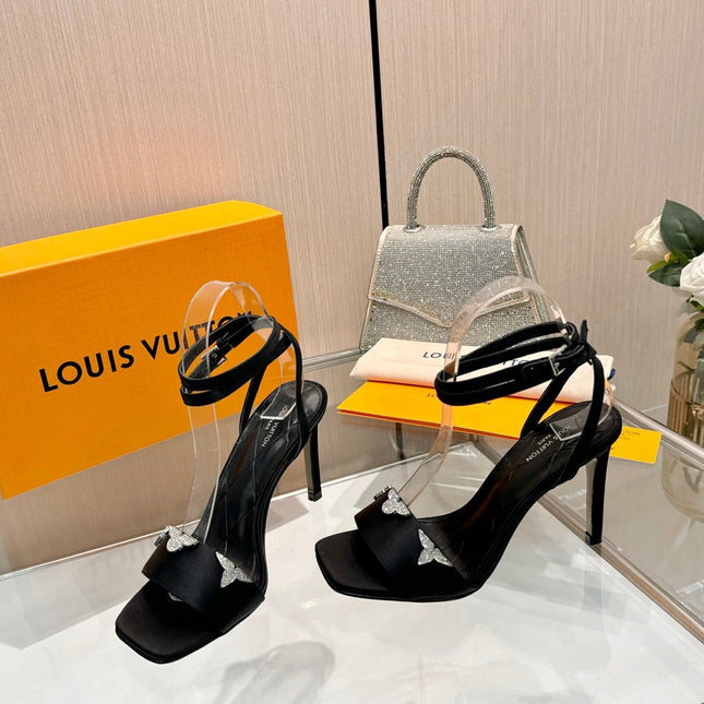LV 26S HIGH-HEELED SANDALS 90 MM IN BLACK SATIN