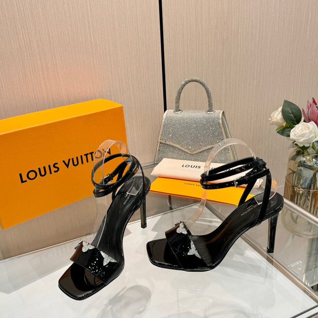 LV 26S HIGH-HEELED SANDALS 90 MM IN BLACK GLOSSY CALFSKIN