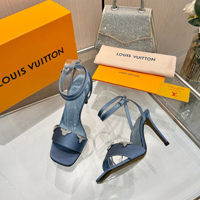 LV 26S HIGH-HEELED SANDALS 90 MM IN DUSTY BLUE SATIN