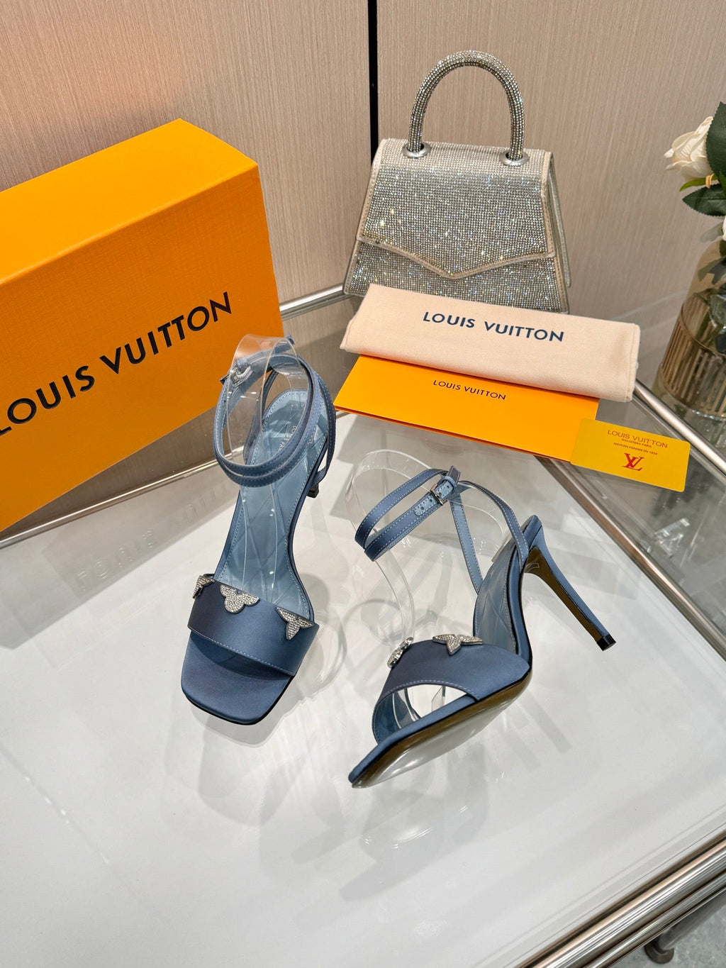 LV 26S HIGH-HEELED SANDALS 90 MM IN DUSTY BLUE SATIN