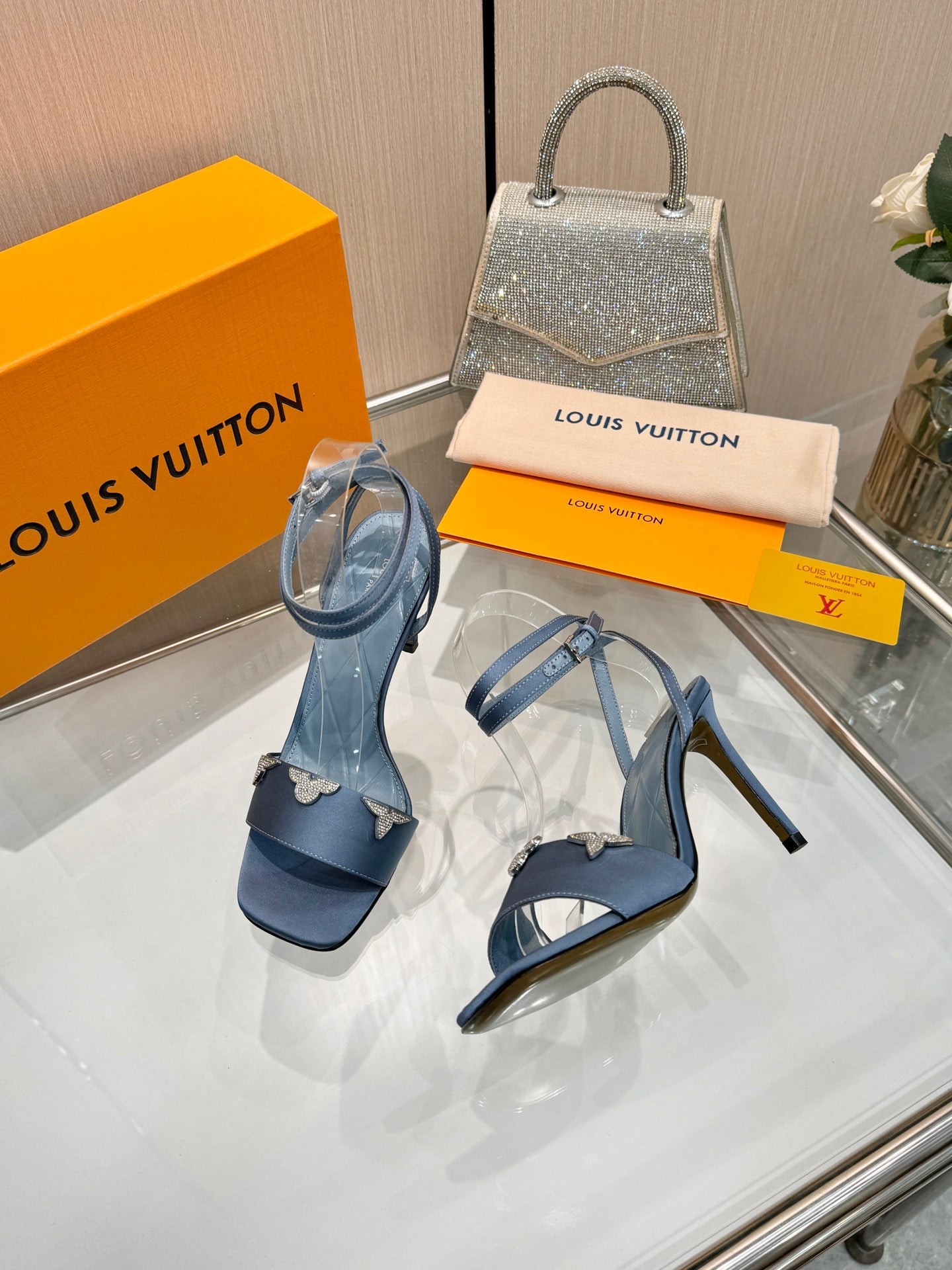 LV 26S HIGH-HEELED SANDALS 90 MM IN DUSTY BLUE SATIN