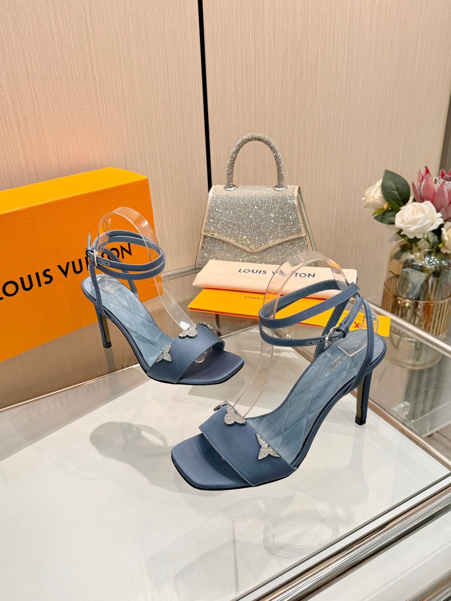 LV 26S HIGH-HEELED SANDALS 90 MM IN DUSTY BLUE SATIN