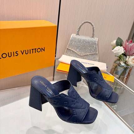 LV 26S HIGH-HEELED SANDALS 90 MM IN DARK SLATE BLUE CALFSKIN