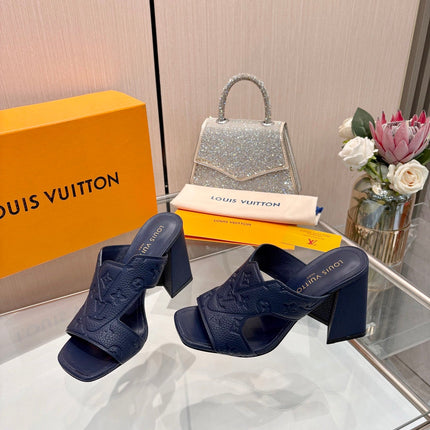 LV 26S HIGH-HEELED SANDALS 90 MM IN DARK SLATE BLUE CALFSKIN