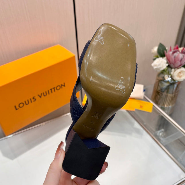 LV 26S HIGH-HEELED SANDALS 90 MM IN DARK SLATE BLUE CALFSKIN