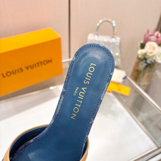 LV 26S HIGH-HEELED MULES 55 MM IN BLUE DENIM