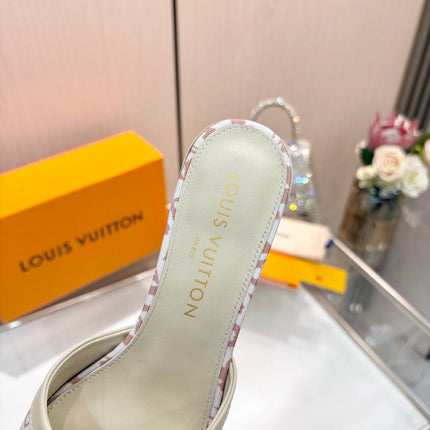 LV 26S HIGH-HEELED MULES 55 MM IN WHITE AND LIGTH PINK MONOGRAM CANVAS