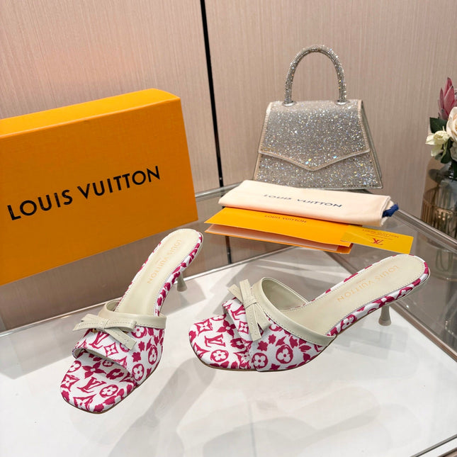 LV 26S HIGH-HEELED MULES 55 MM IN WHITE AND PINK MONOGRAM CANVAS