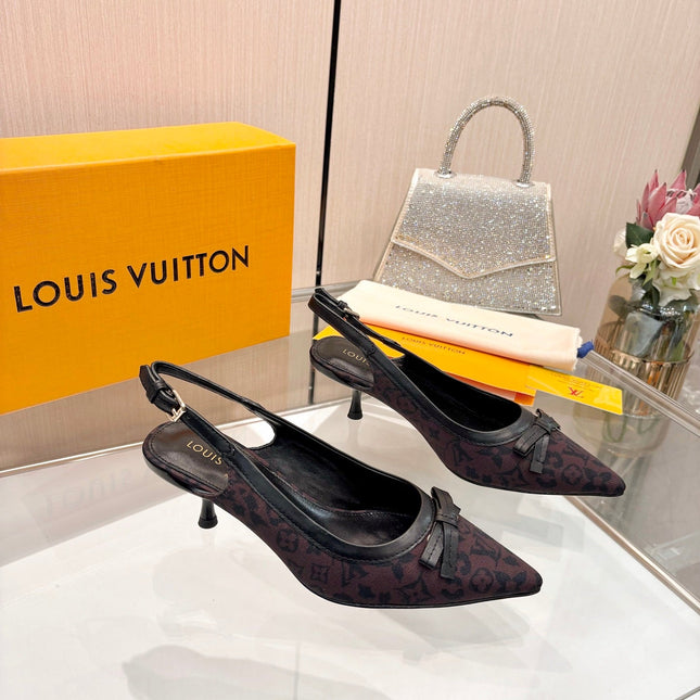 LV 26S BOW-DETAIL SLINGBACK PUMPS 55 MM IN MUTED PLUM BROWN MONOGRAM CANVAS