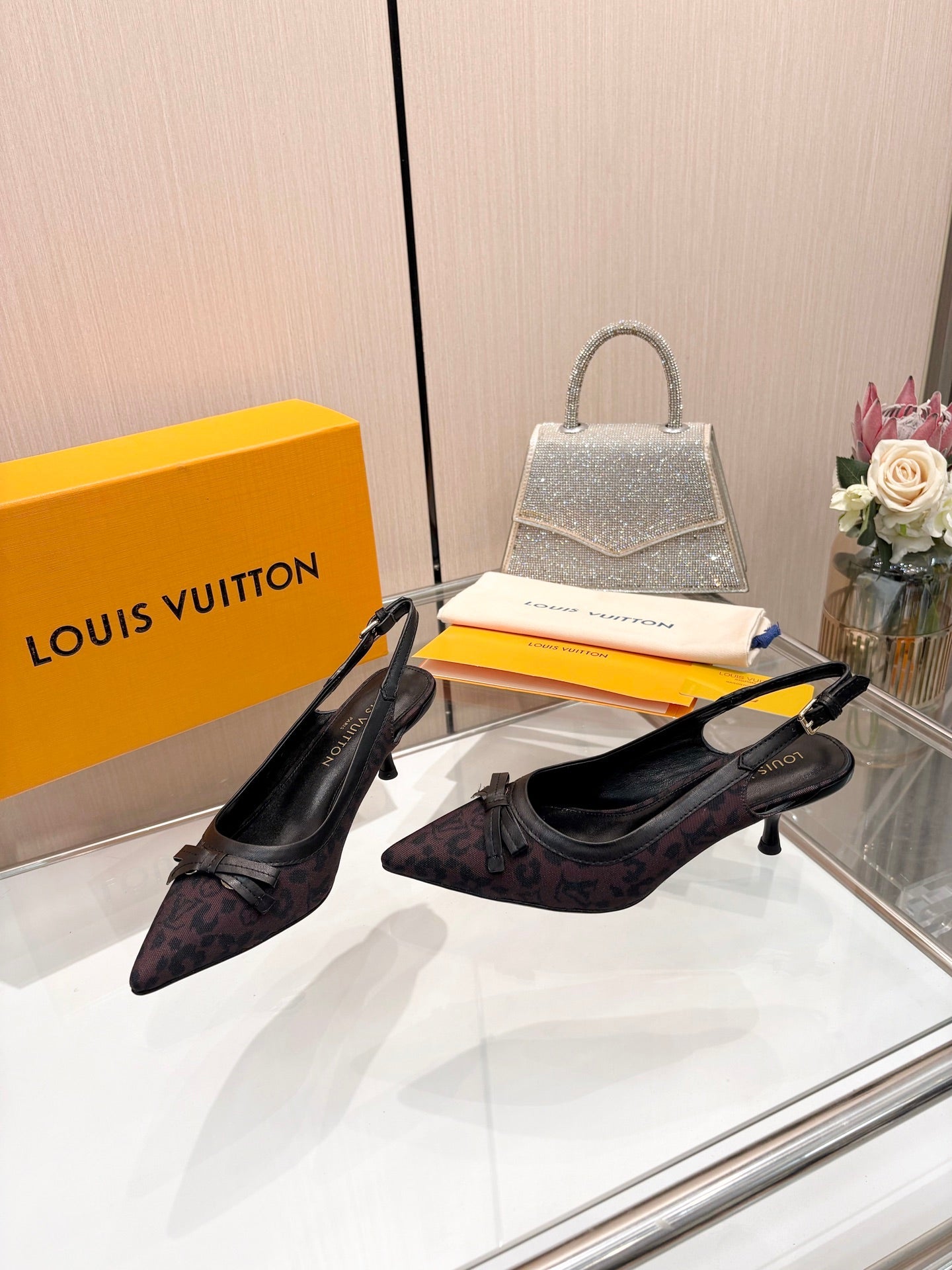 LV 26S BOW-DETAIL SLINGBACK PUMPS 55 MM IN MUTED PLUM BROWN MONOGRAM CANVAS