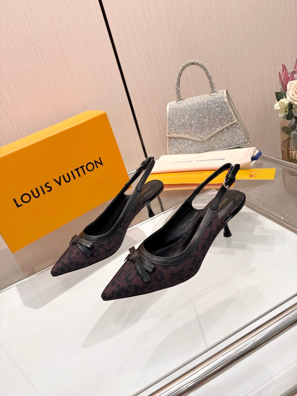 LV 26S BOW-DETAIL SLINGBACK PUMPS 55 MM IN MUTED PLUM BROWN MONOGRAM CANVAS