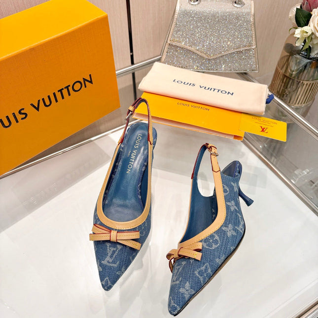 LV 26S BOW-DETAIL SLINGBACK PUMPS 55 MM IN BLUE DENIM