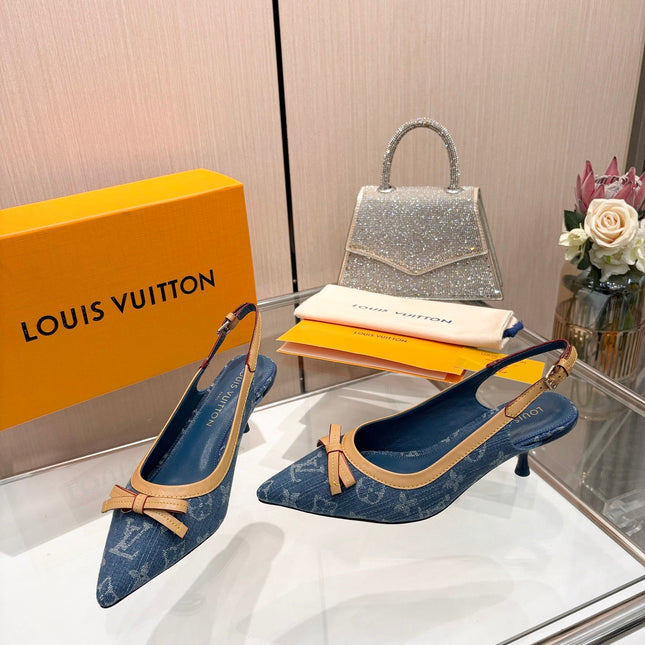 LV 26S BOW-DETAIL SLINGBACK PUMPS 55 MM IN BLUE DENIM