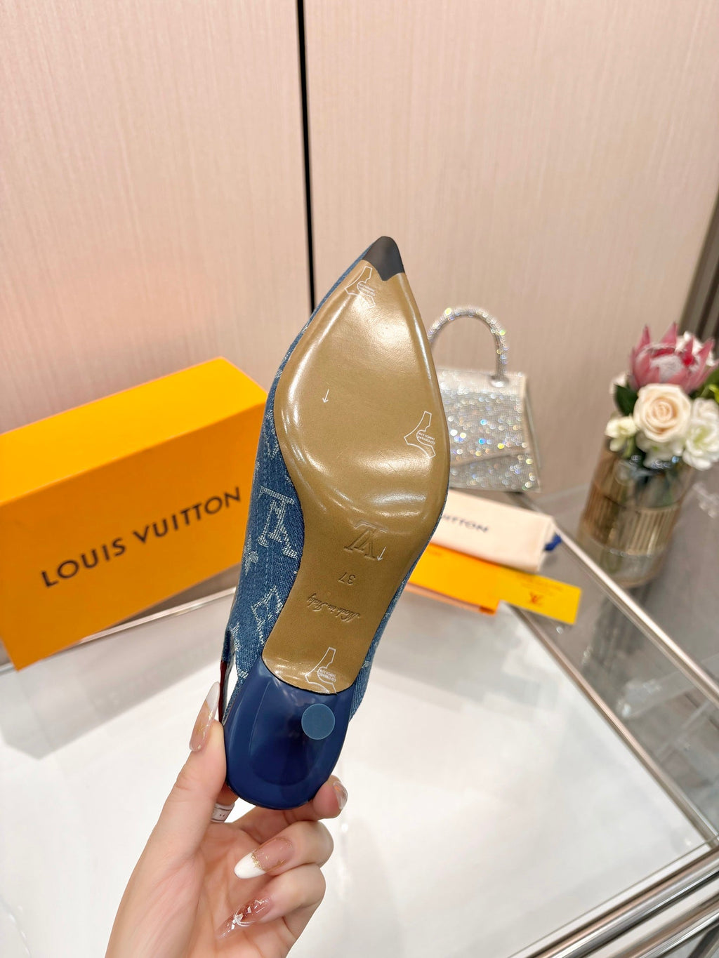 LV 26S BOW-DETAIL SLINGBACK PUMPS 55 MM IN BLUE DENIM