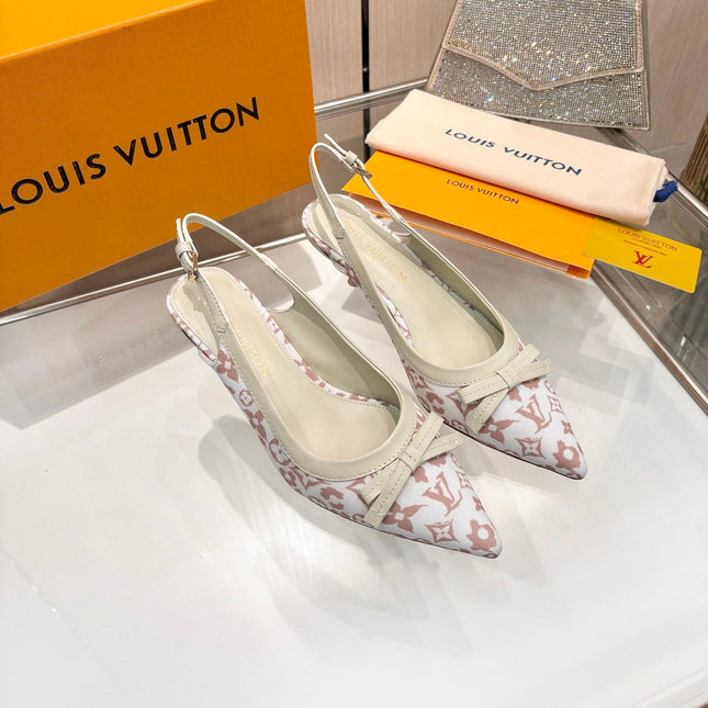 LV 26S BOW-DETAIL SLINGBACK PUMPS 55 MM IN WHITE AND MUTED ROSE PINK MONOGRAM CANVAS