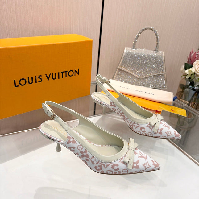 LV 26S BOW-DETAIL SLINGBACK PUMPS 55 MM IN WHITE AND MUTED ROSE PINK MONOGRAM CANVAS