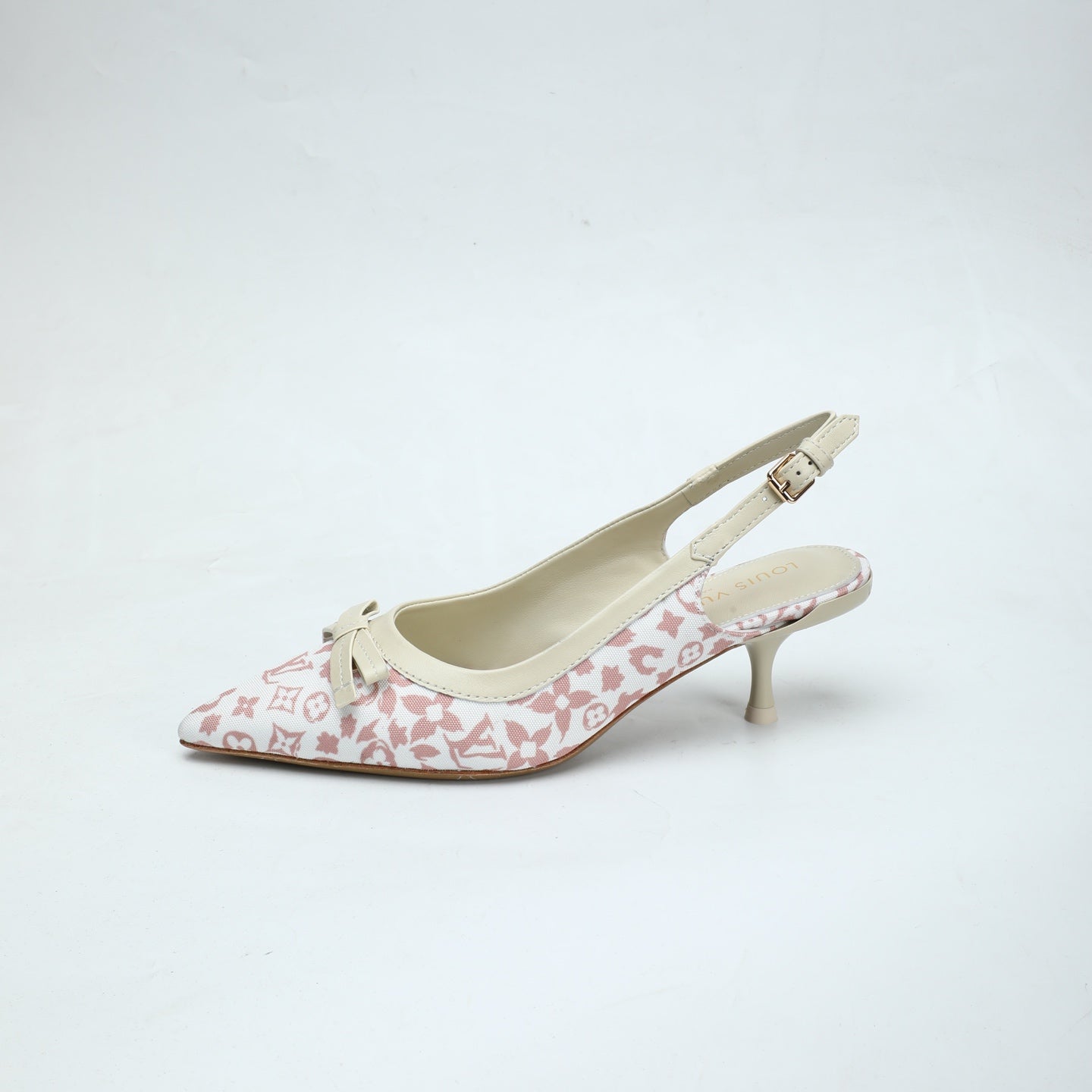 LV 26S BOW-DETAIL SLINGBACK PUMPS 55 MM IN WHITE AND MUTED ROSE PINK MONOGRAM CANVAS