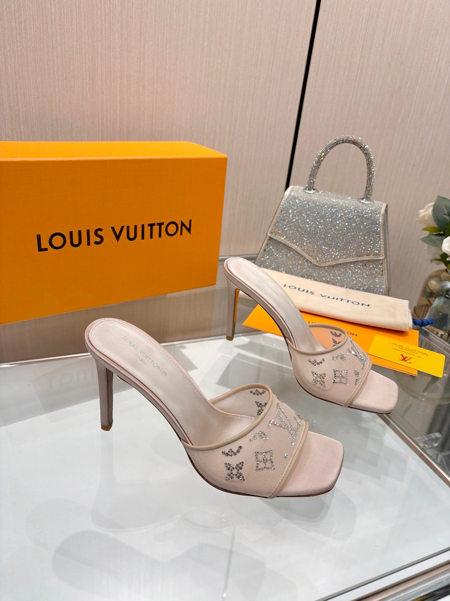 LV 26S MULE HEELS 90 MM IN BEIGE FABRIC AND LAMBSKIN