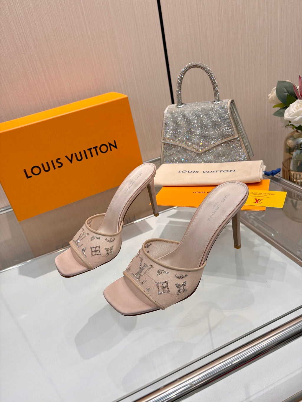LV 26S MULE HEELS 90 MM IN BEIGE FABRIC AND LAMBSKIN