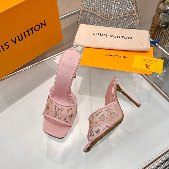 LV 26S MULE HEELS 90 MM IN LIGHT PINK FABRIC AND LAMBSKIN