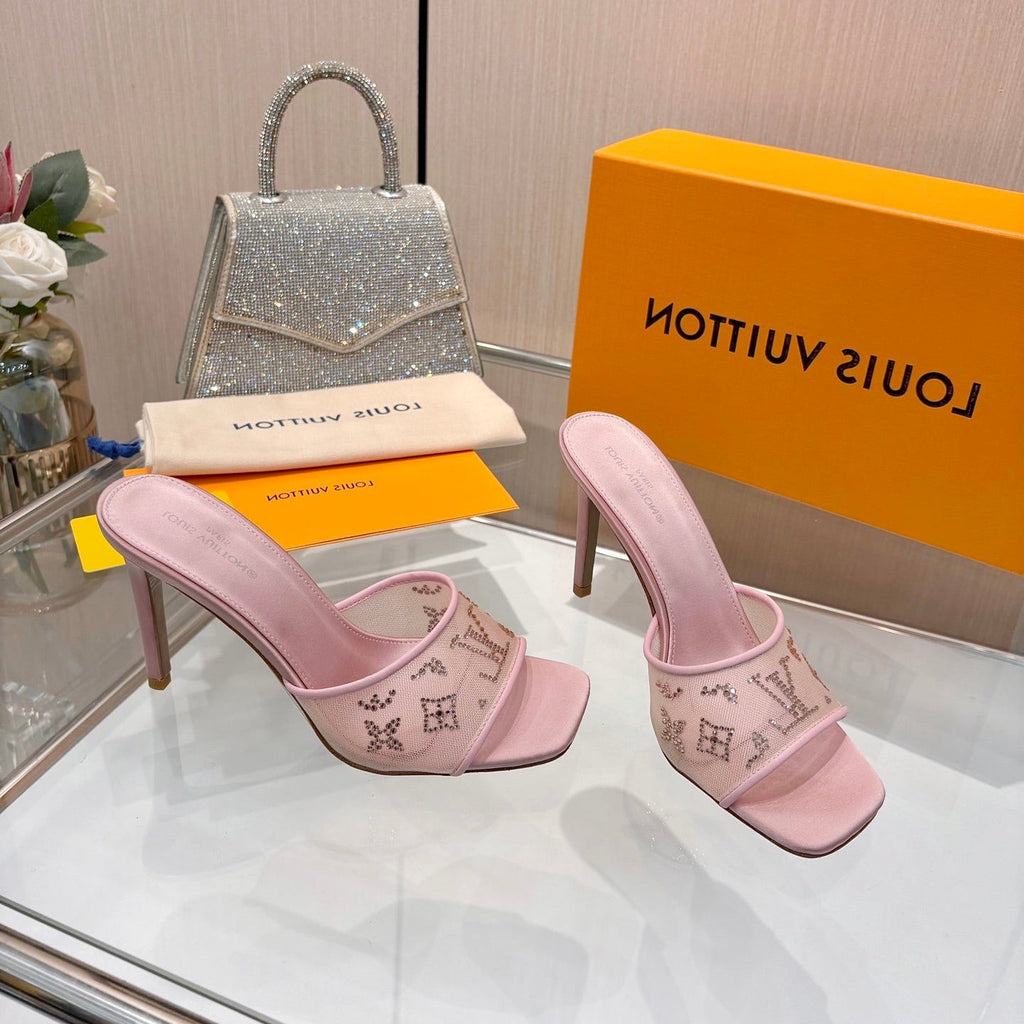 LV 26S MULE HEELS 90 MM IN LIGHT PINK FABRIC AND LAMBSKIN