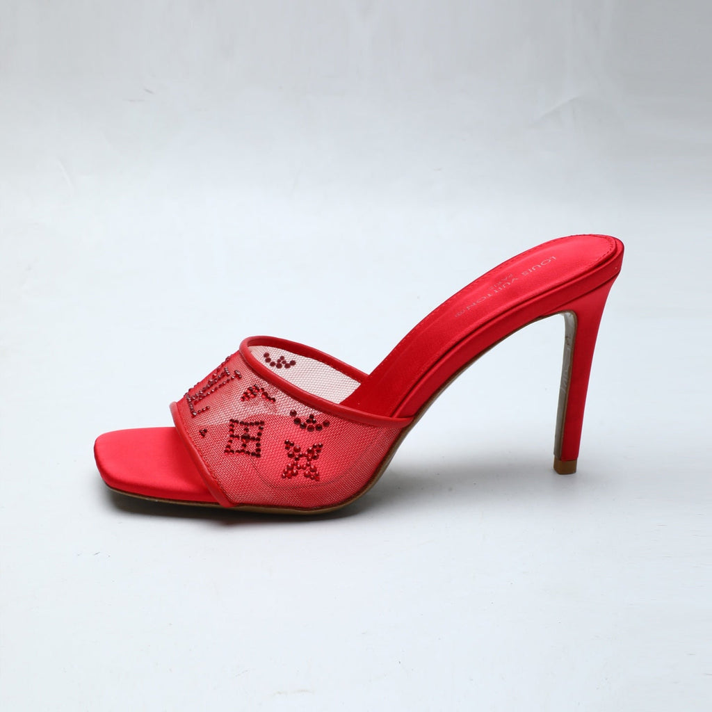 LV 26S MULE HEELS 90 MM IN RED FABRIC AND LAMBSKIN