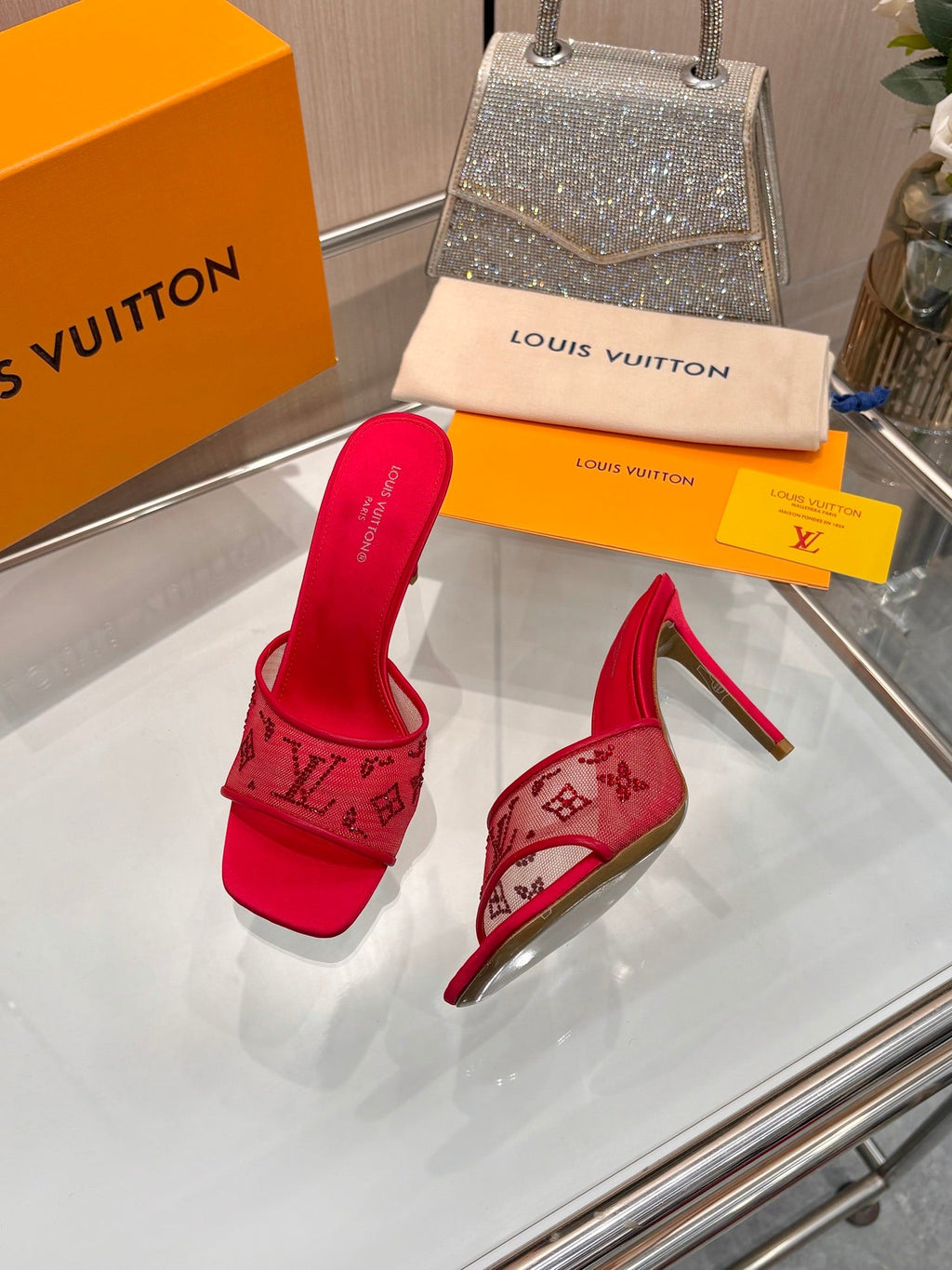 LV 26S MULE HEELS 90 MM IN RED FABRIC AND LAMBSKIN