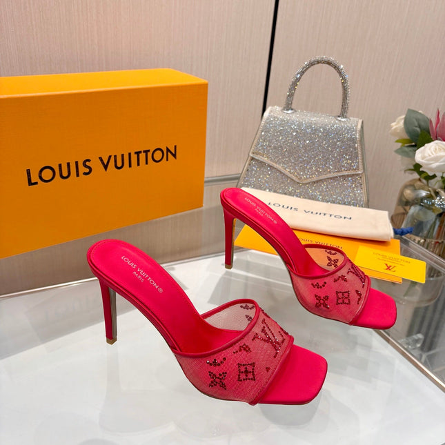 LV 26S MULE HEELS 90 MM IN RED FABRIC AND LAMBSKIN