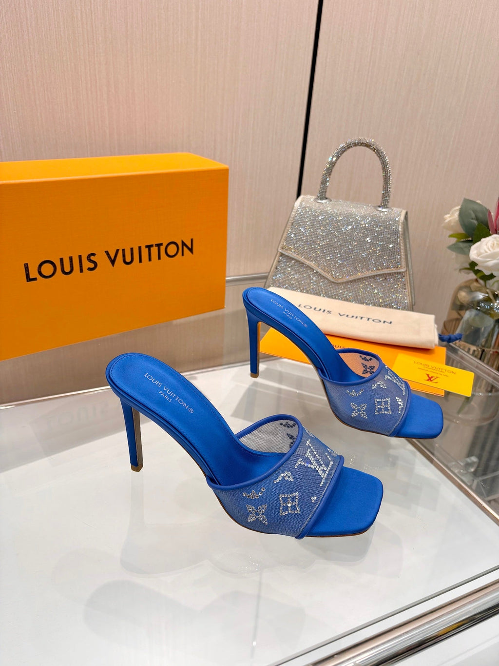 LV 26S MULE HEELS 90 MM IN NAVY BLUE FABRIC AND LAMBSKIN