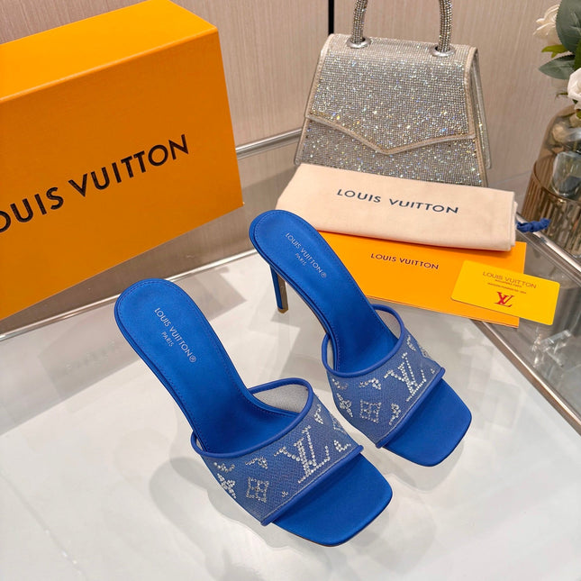 LV 26S MULE HEELS 90 MM IN NAVY BLUE FABRIC AND LAMBSKIN