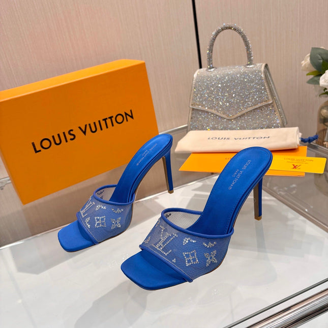 LV 26S MULE HEELS 90 MM IN NAVY BLUE FABRIC AND LAMBSKIN