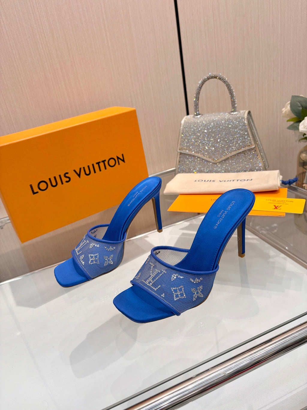 LV 26S MULE HEELS 90 MM IN NAVY BLUE FABRIC AND LAMBSKIN