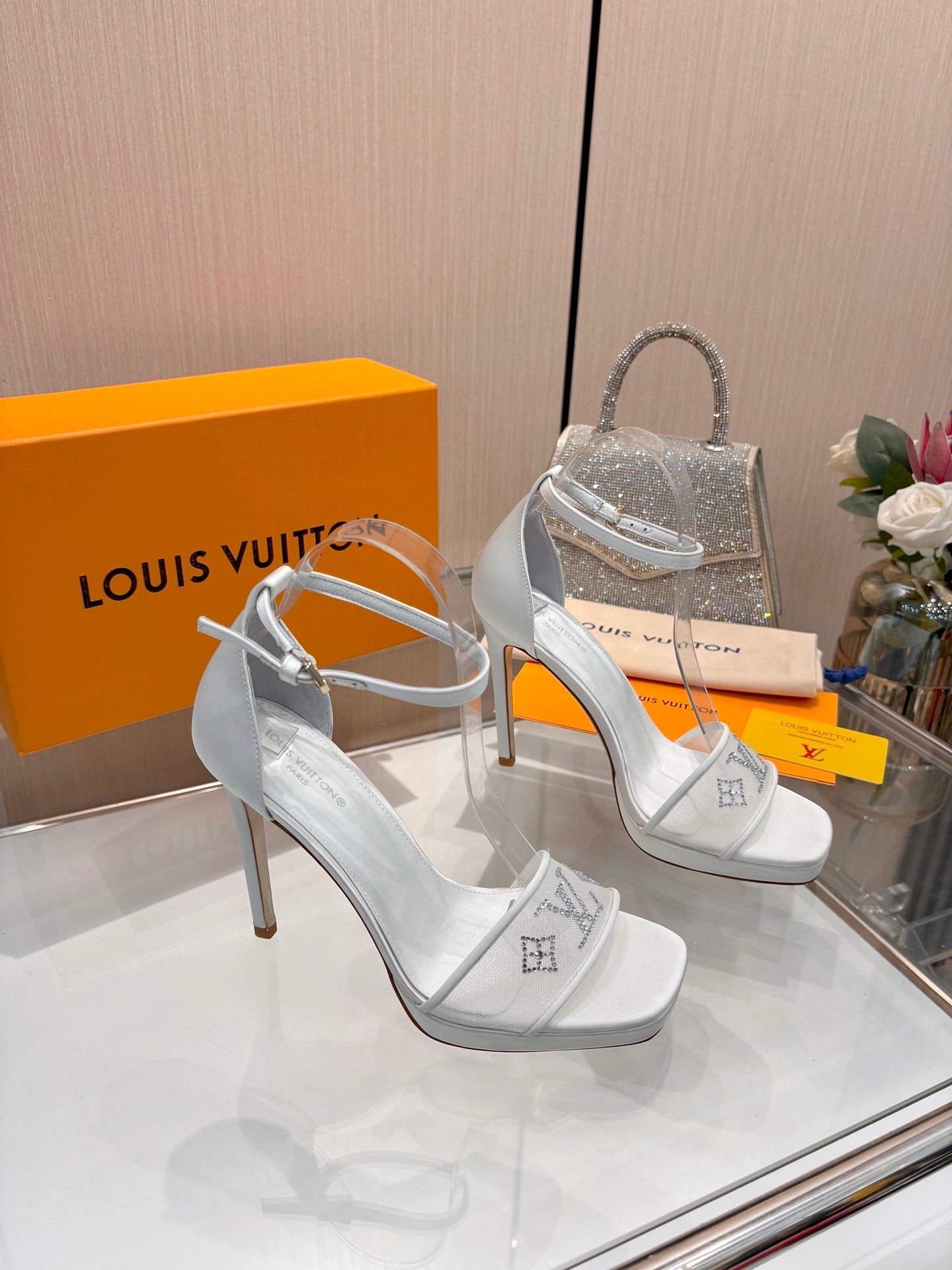 LV 26S HIGH HEEL SANDALS 110 MM IN WHITE FABRIC AND LAMBSKIN