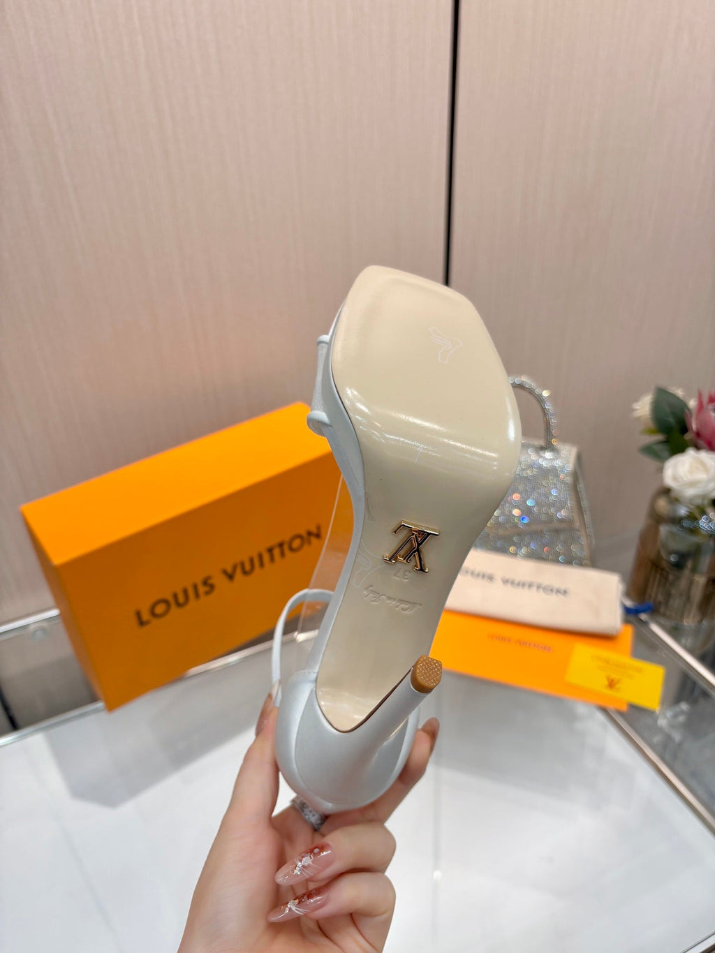 LV 26S HIGH HEEL SANDALS 110 MM IN WHITE FABRIC AND LAMBSKIN