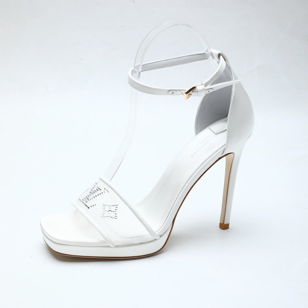 LV 26S HIGH HEEL SANDALS 110 MM IN WHITE FABRIC AND LAMBSKIN
