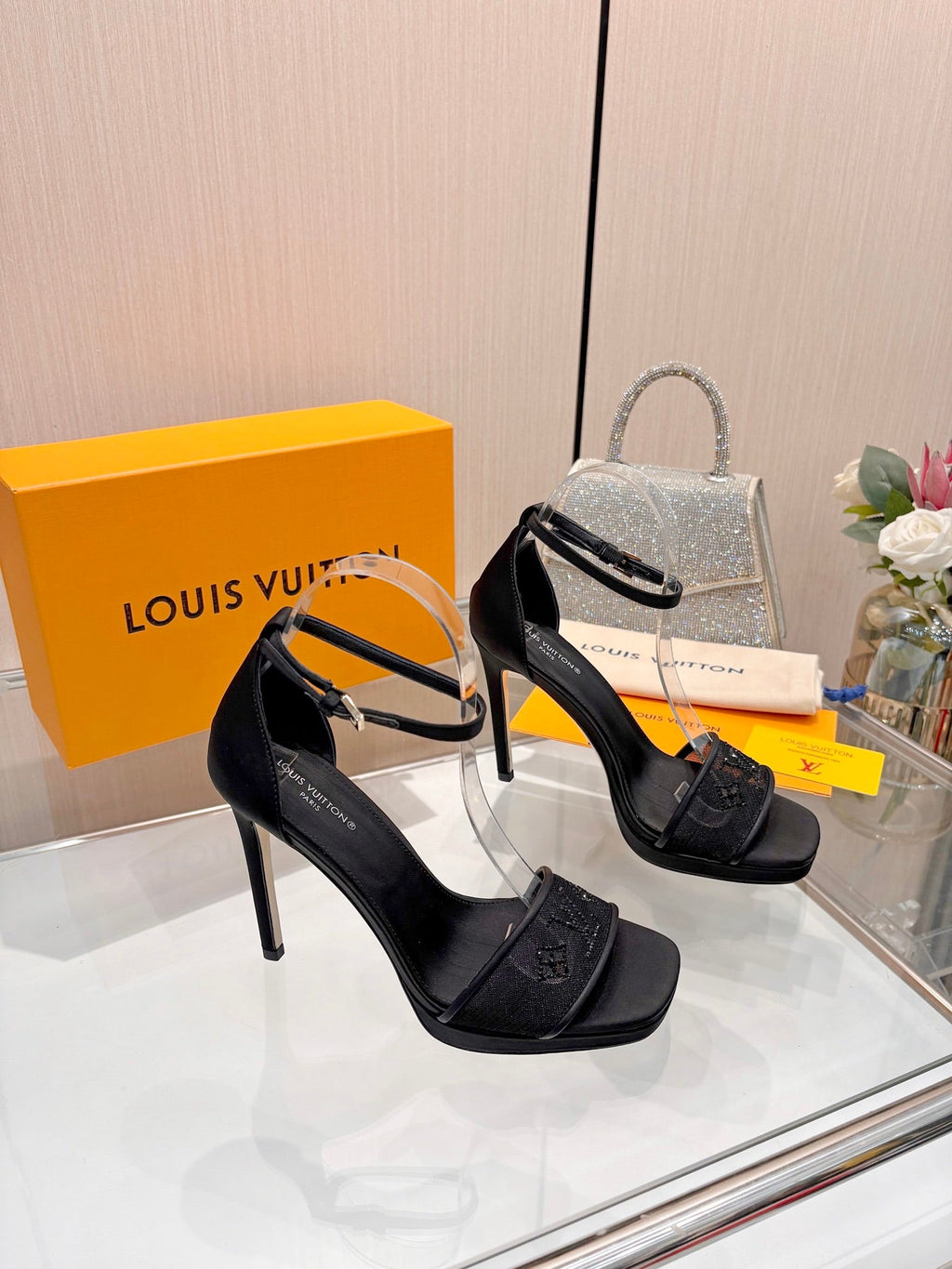 LV 26S HIGH HEEL SANDALS 110 MM IN BLACK FABRIC AND LAMBSKIN