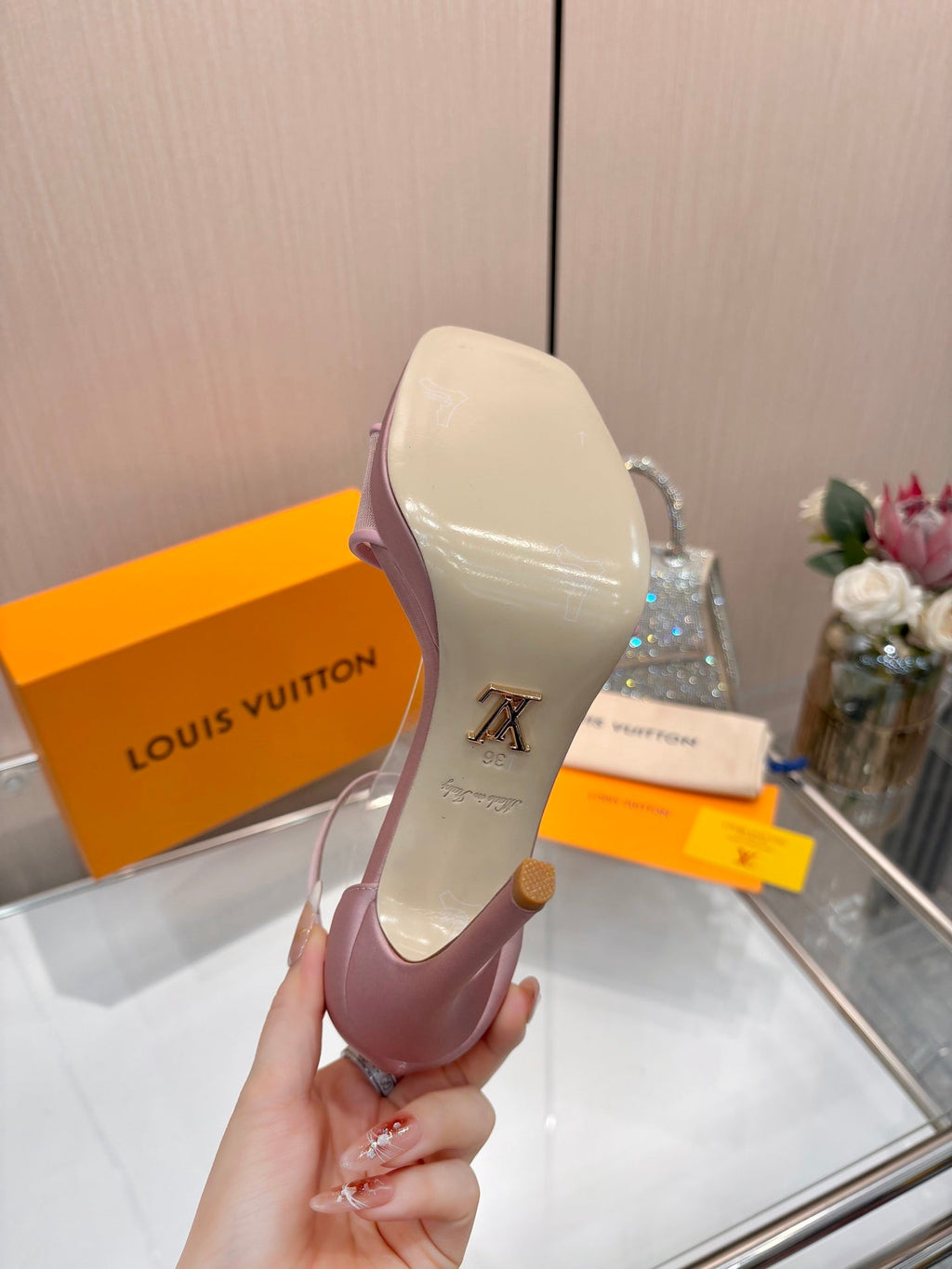 LV 26S HIGH HEEL SANDALS 110 MM IN LIGHT PINK FABRIC AND LAMBSKIN