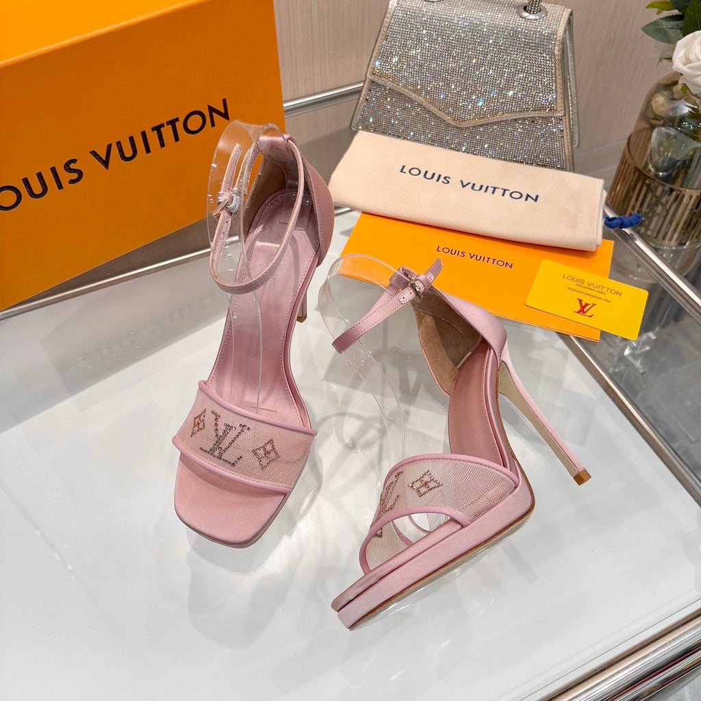 LV 26S HIGH HEEL SANDALS 110 MM IN LIGHT PINK FABRIC AND LAMBSKIN