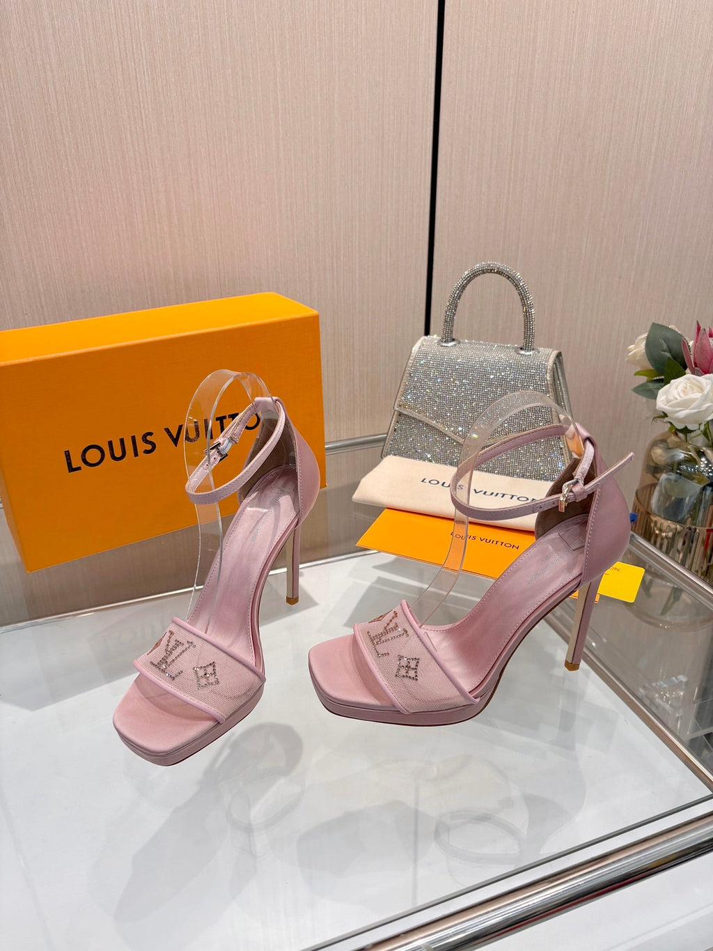 LV 26S HIGH HEEL SANDALS 110 MM IN LIGHT PINK FABRIC AND LAMBSKIN