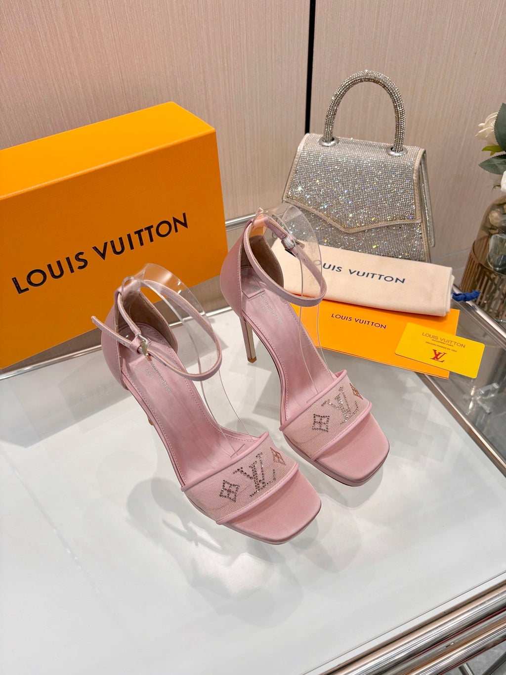 LV 26S HIGH HEEL SANDALS 110 MM IN LIGHT PINK FABRIC AND LAMBSKIN