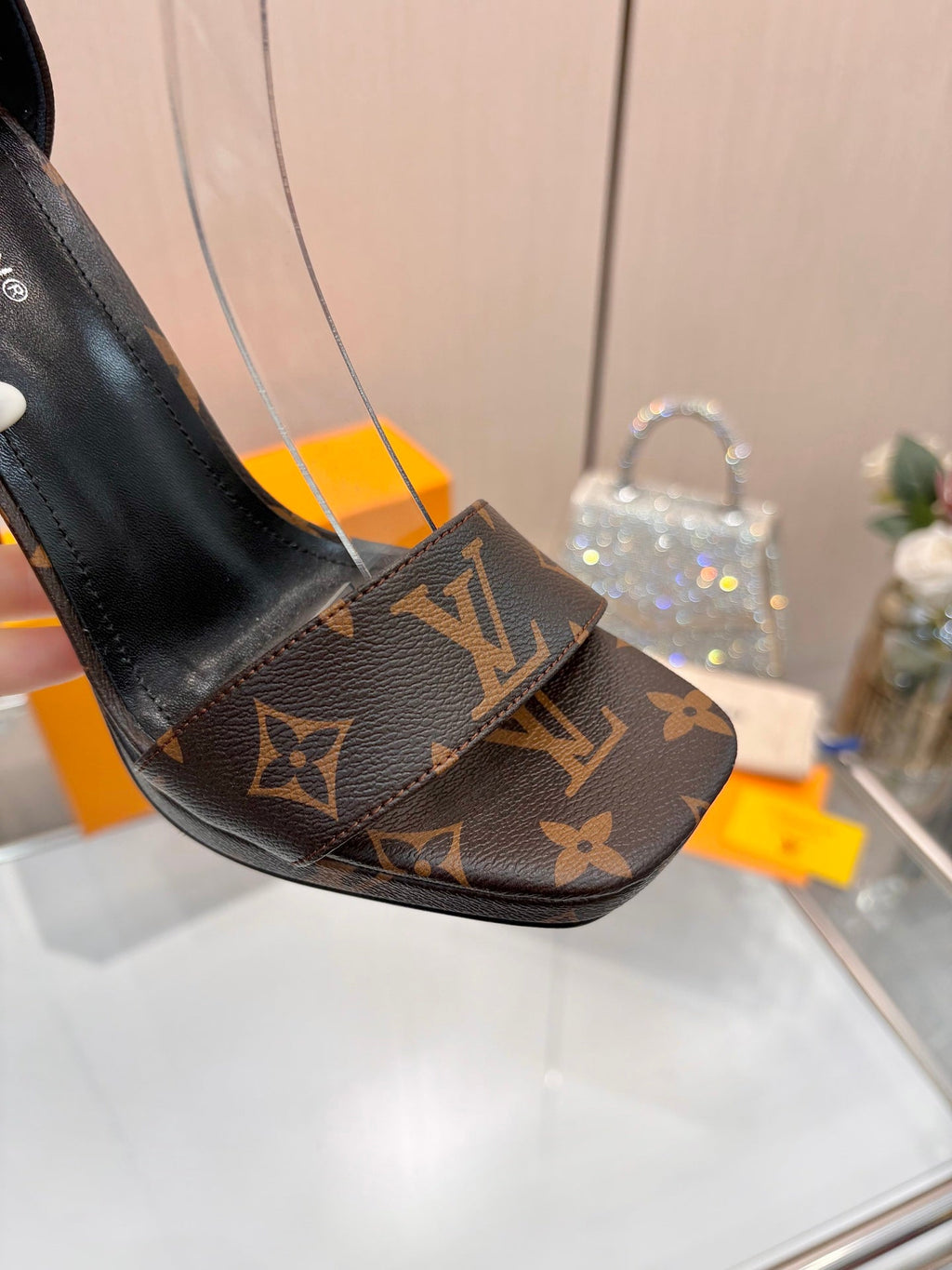 LV 26S HIGH HEEL SANDALS 110 MM IN DARK BROWN MONOGRAM CANVAS