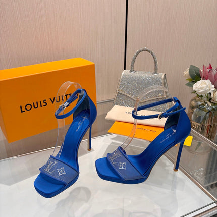 LV 26S HIGH HEEL SANDALS 110 MM IN NAVY BLUE FABRIC AND LAMBSKIN