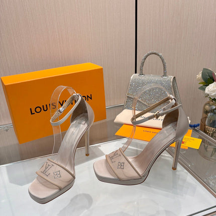 LV 26S HIGH HEEL SANDALS 110 MM IN BEIGE FABRIC AND LAMBSKIN
