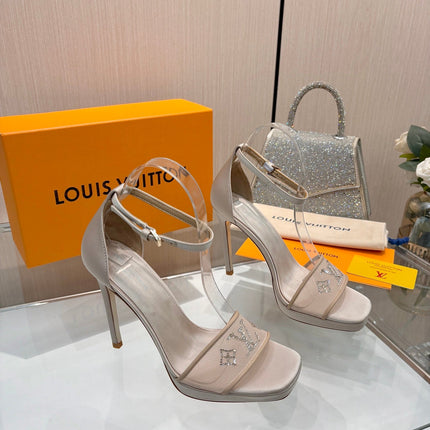 LV 26S HIGH HEEL SANDALS 110 MM IN BEIGE FABRIC AND LAMBSKIN