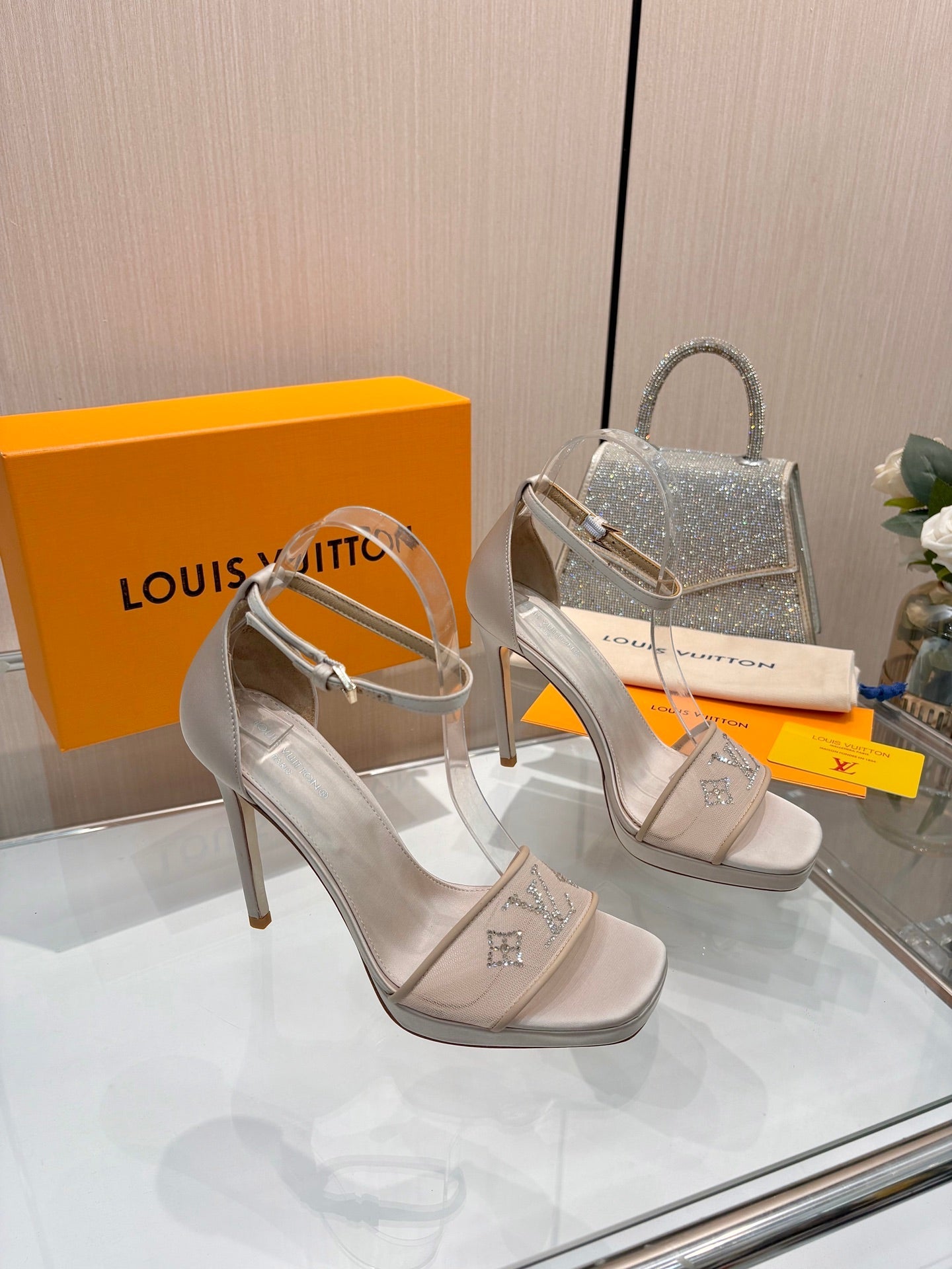 LV 26S HIGH HEEL SANDALS 110 MM IN BEIGE FABRIC AND LAMBSKIN