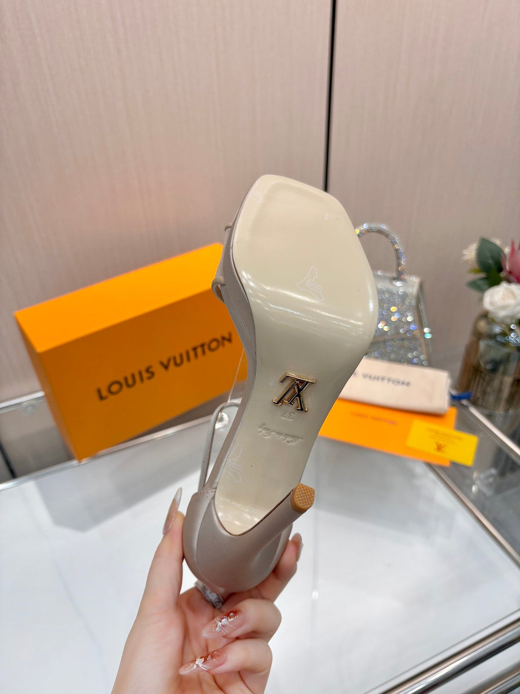 LV 26S HIGH HEEL SANDALS 110 MM IN BEIGE FABRIC AND LAMBSKIN