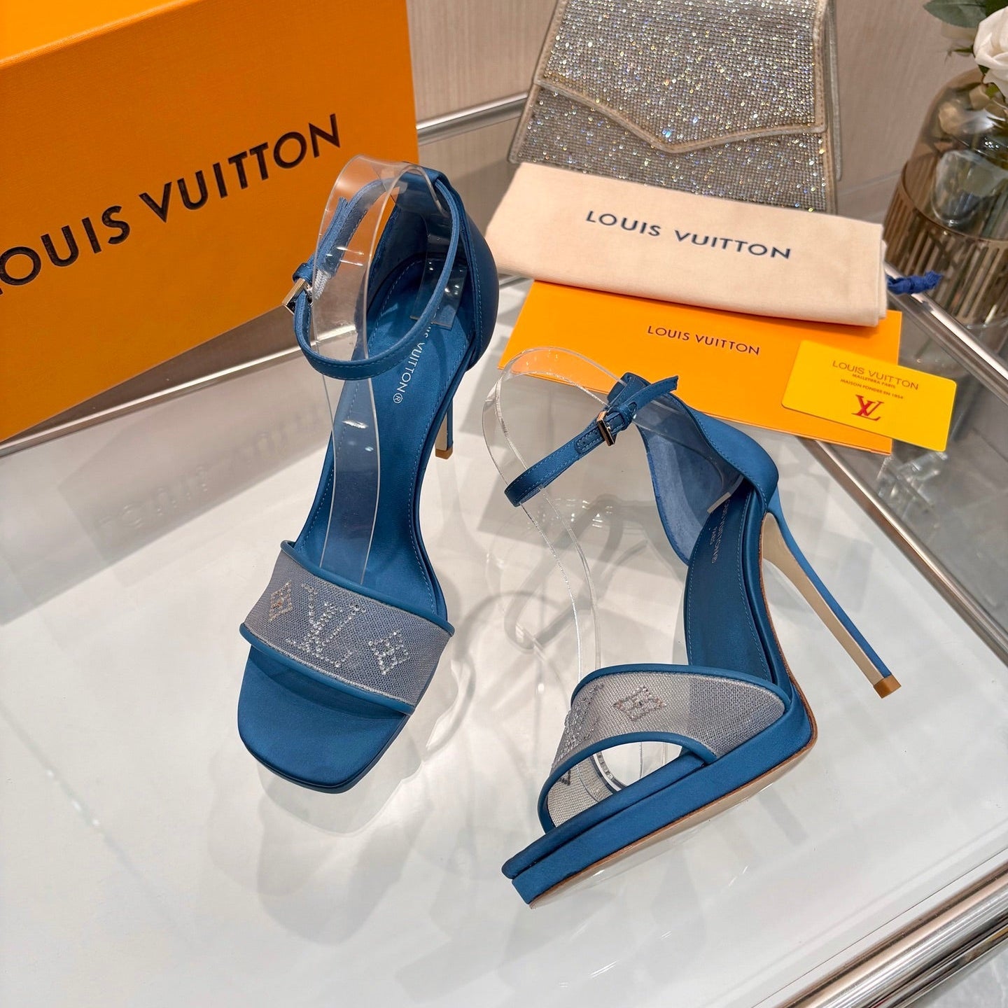 LV 26S HIGH HEEL SANDALS 110 MM IN OCEAN BLUE FABRIC AND LAMBSKIN