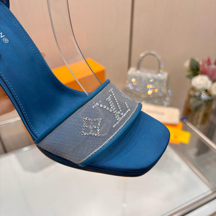 LV 26S HIGH HEEL SANDALS 110 MM IN OCEAN BLUE FABRIC AND LAMBSKIN