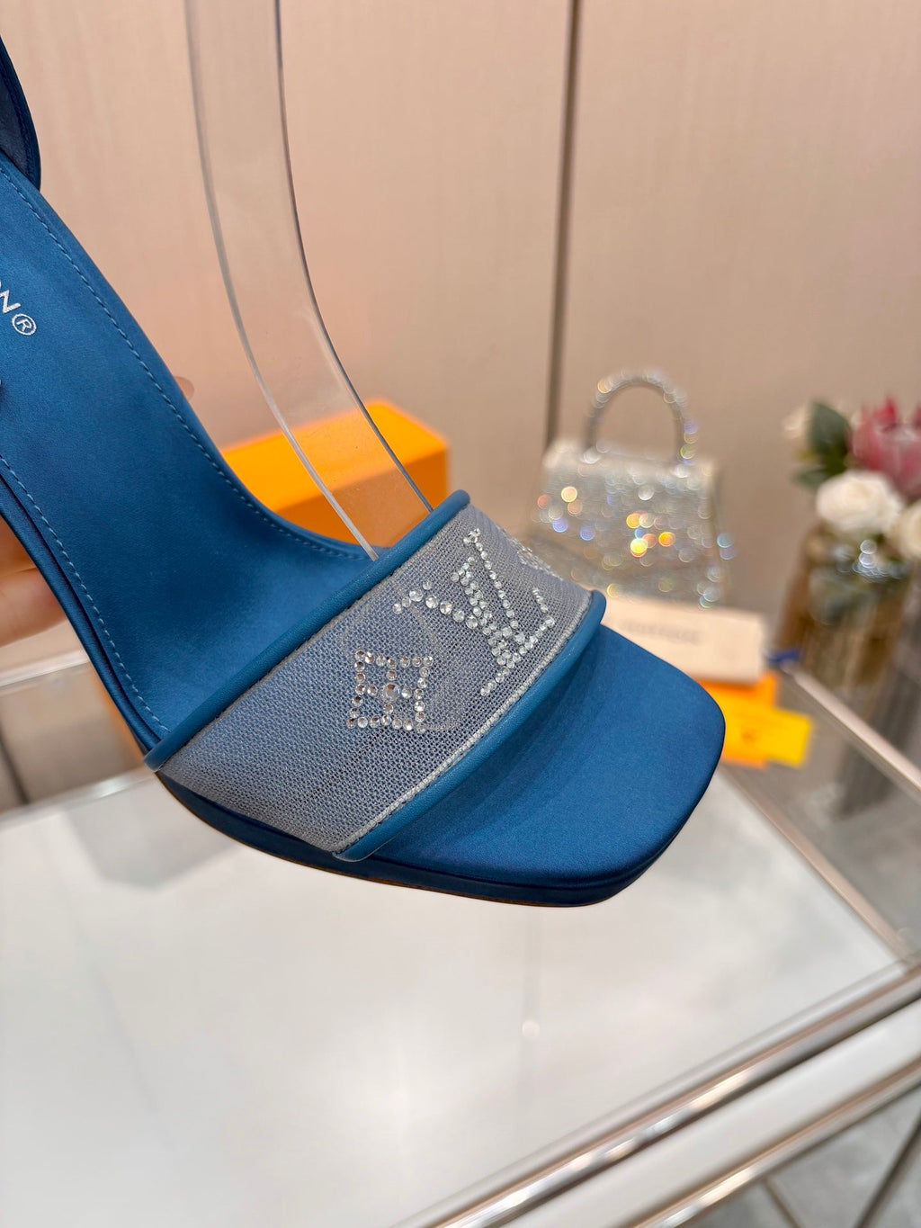 LV 26S HIGH HEEL SANDALS 110 MM IN OCEAN BLUE FABRIC AND LAMBSKIN