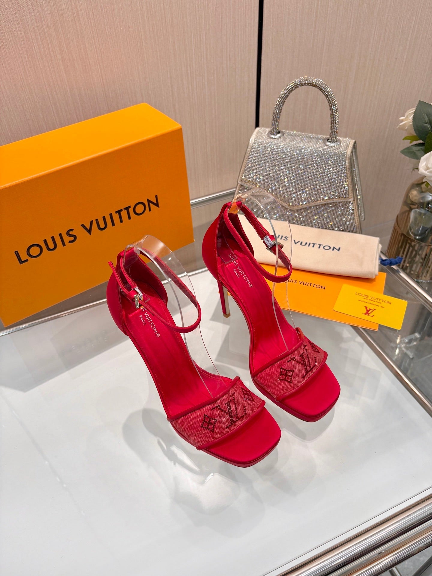 LV 26S HIGH HEEL SANDALS 110 MM IN RED FABRIC AND LAMBSKIN